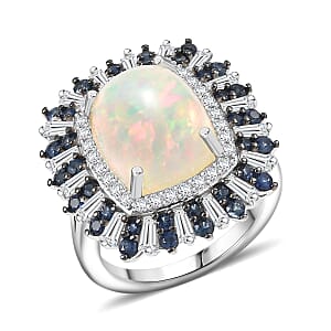D'Joy Premium Ethiopian Welo Opal and Multi Gemstone 6.10 ctw Sunburst Ring in Rhodium Over Sterling Silver (Size 7.0)