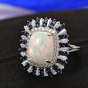 D'Joy Premium Ethiopian Welo Opal and Multi Gemstone 6.10 ctw Sunburst Ring in Rhodium Over Sterling Silver (Size 8.0)