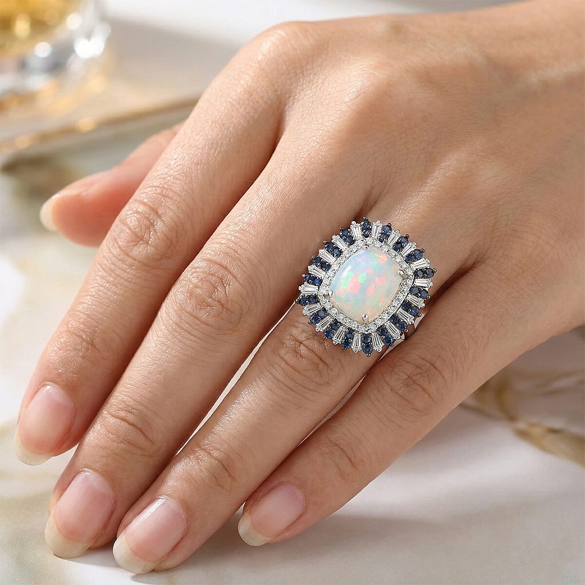 D'Joy Premium Ethiopian Welo Opal and Multi Gemstone 6.10 ctw Sunburst Ring in Rhodium Over Sterling Silver (Size 9.0) image number 2