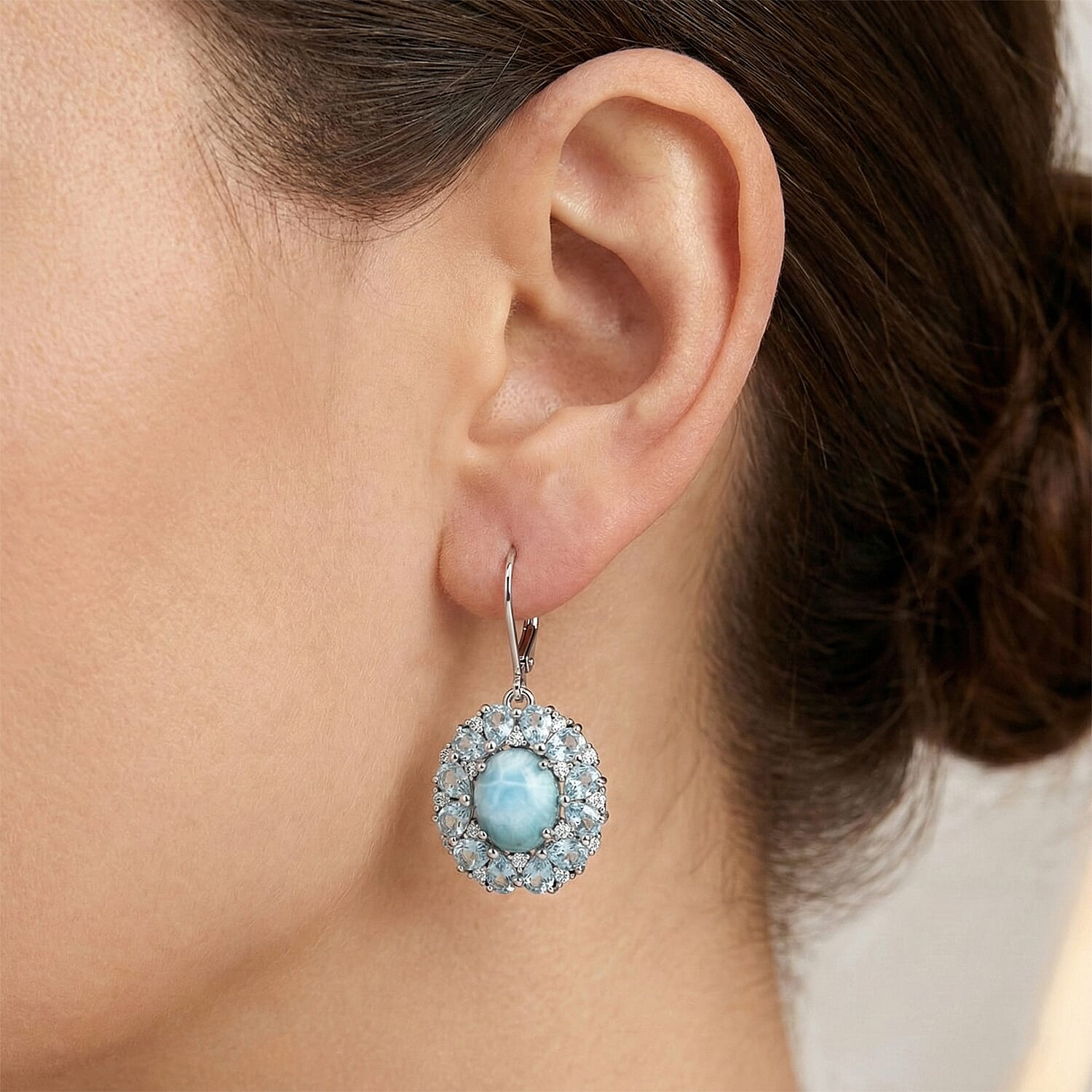 EverTrue Larimar and Multi Gemstone 11.10 ctw Peony Floral Earrings in Platinum Bond and Stainless Steel