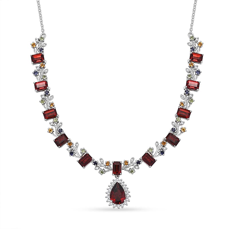GP Italian Garden Collection Premium Mozambique Garnet and Multi Gemstones 12.30 ctw Necklace in Rhodium Over Sterling Silver 18-20 Inches