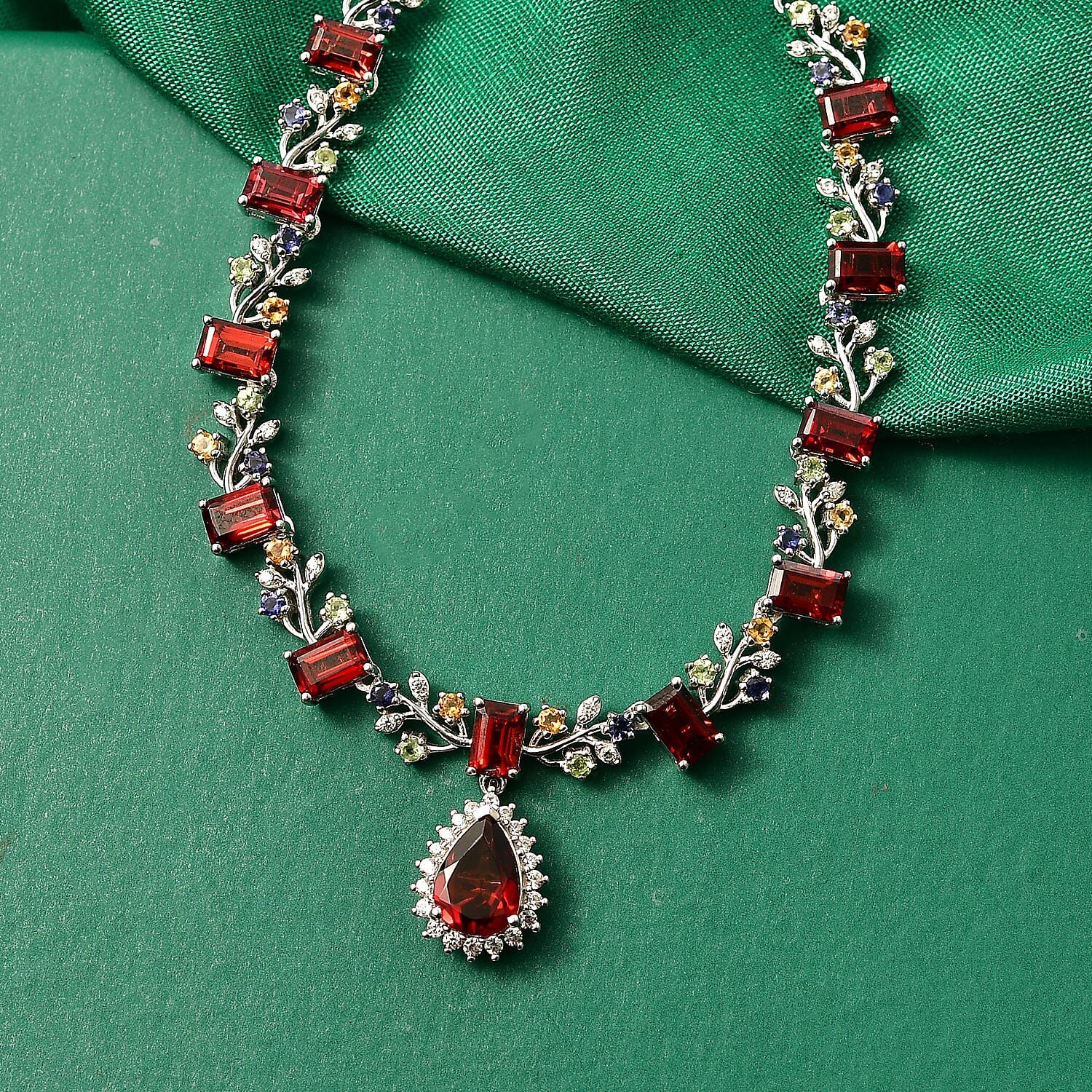 GP Italian Garden Collection Premium Mozambique Garnet and Multi Gemstones 12.30 ctw Necklace in Rhodium Over Sterling Silver 18-20 Inches