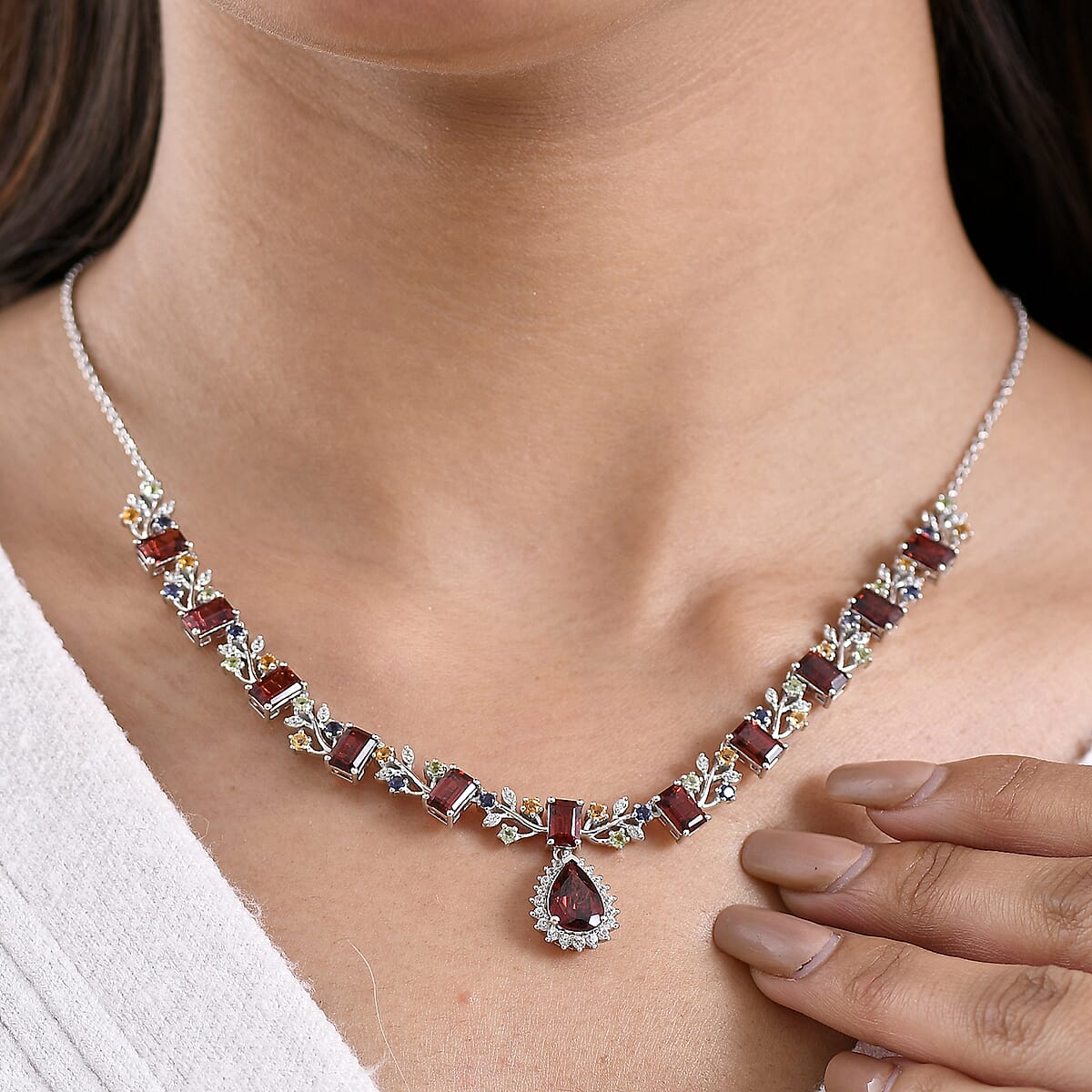 GP Italian Garden Collection Premium Mozambique Garnet and Multi Gemstones 12.30 ctw Necklace in Rhodium Over Sterling Silver 18-20 Inches (Del. in 8-10 Days) image number 3