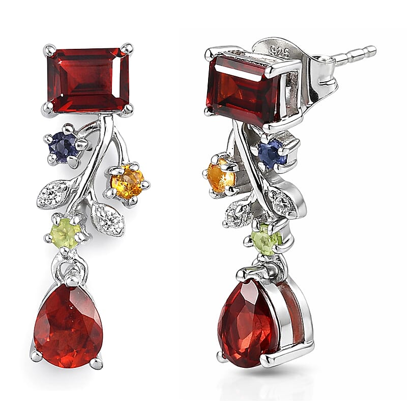 GP Italian Garden Collection Premium Mozambique Garnet and Multi Gemstone 2.40 ctw Earrings in Rhodium Over Sterling Silver