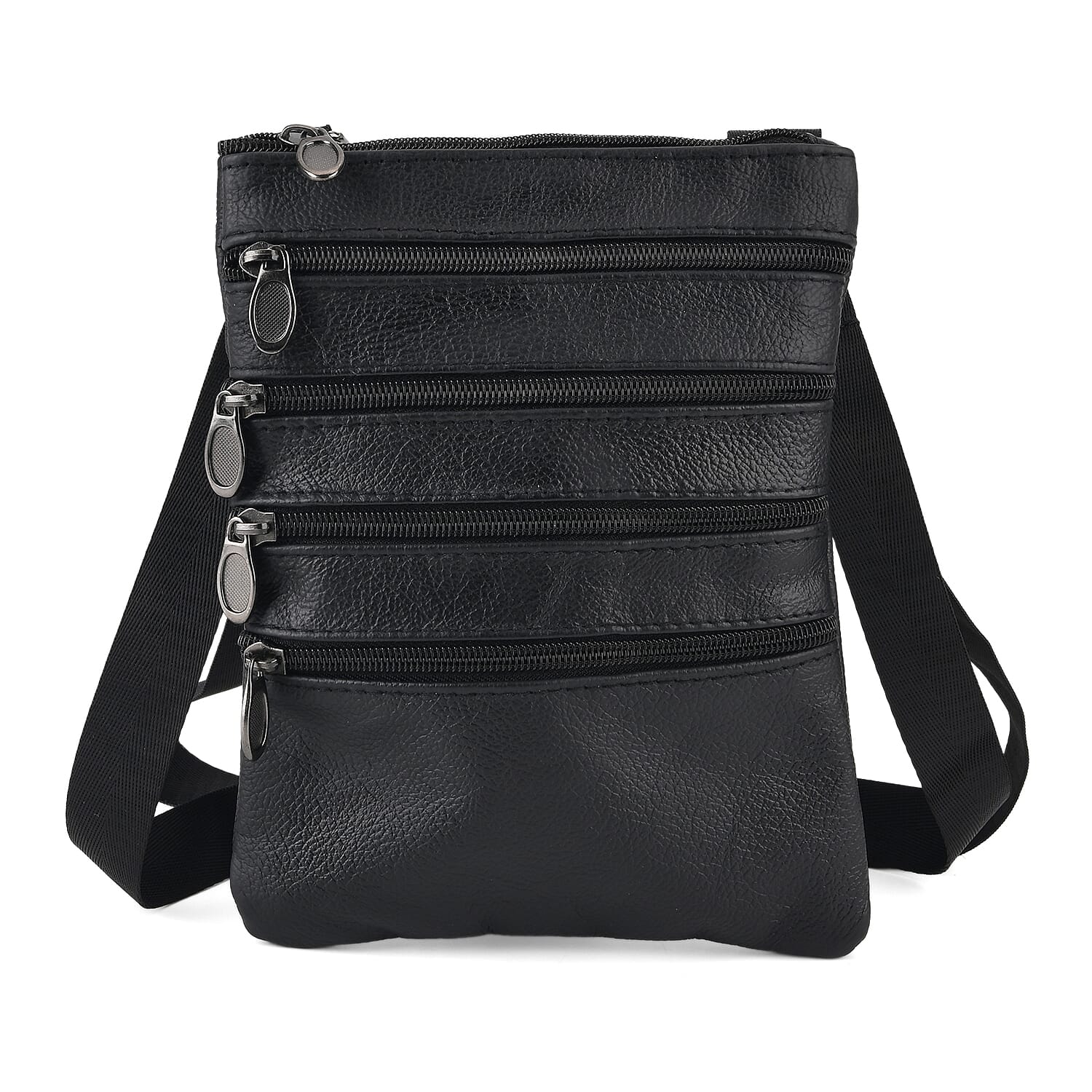 La Marey Black 4 Zippers Cowhide Leather Bag with Long Strap