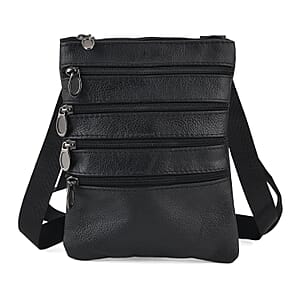 La Marey Black 4 Zippers Cowhide Leather Bag with Long Strap
