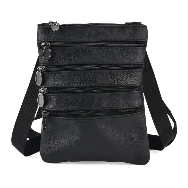 La Marey Black 4 Zippers Cowhide Leather Bag with Long Strap