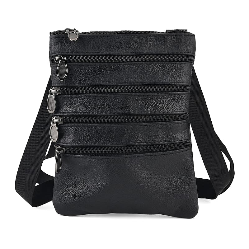 La Marey Black 4 Zippers Cowhide Leather Bag with Long Strap