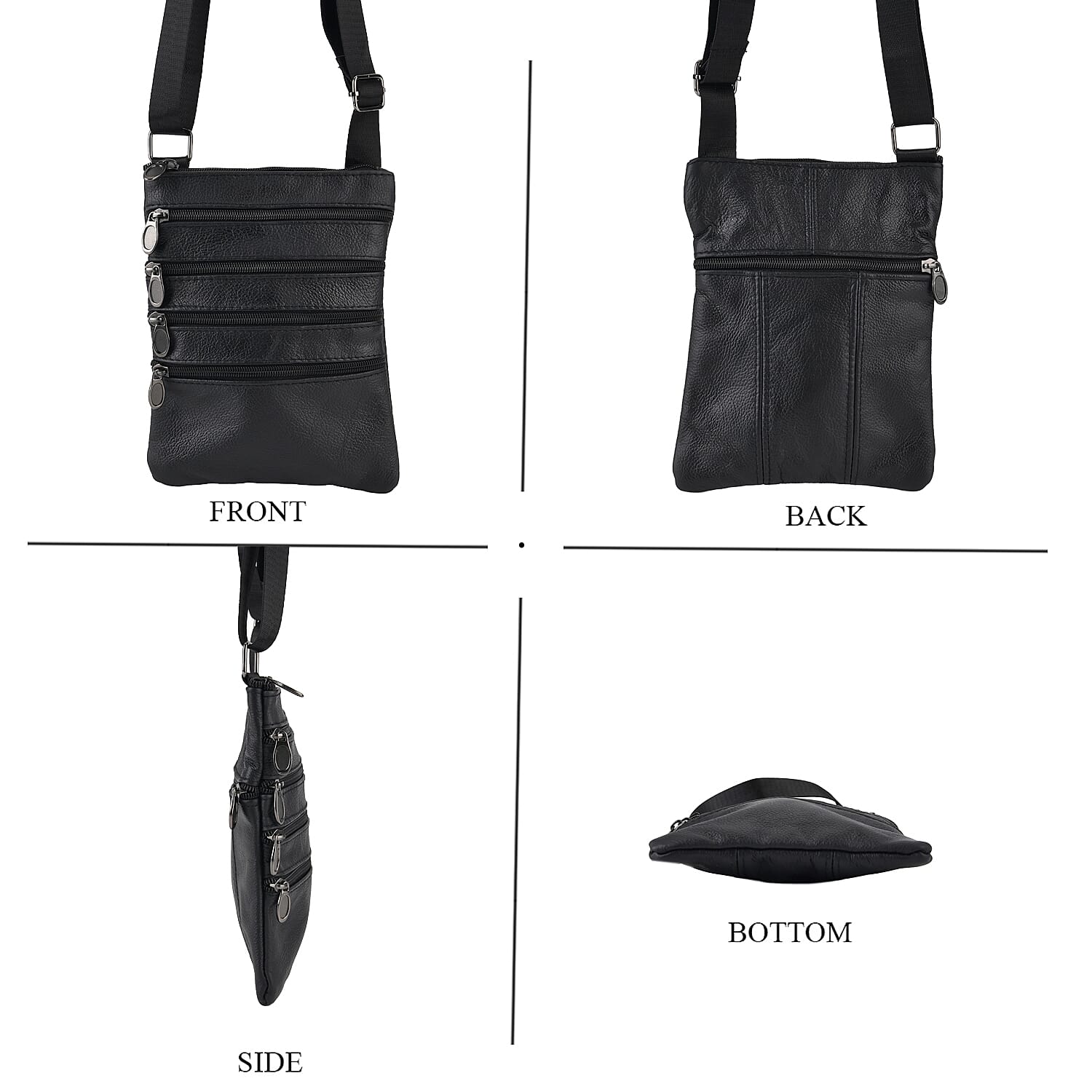 La Marey Black 4 Zippers Cowhide Leather Bag with Long Strap