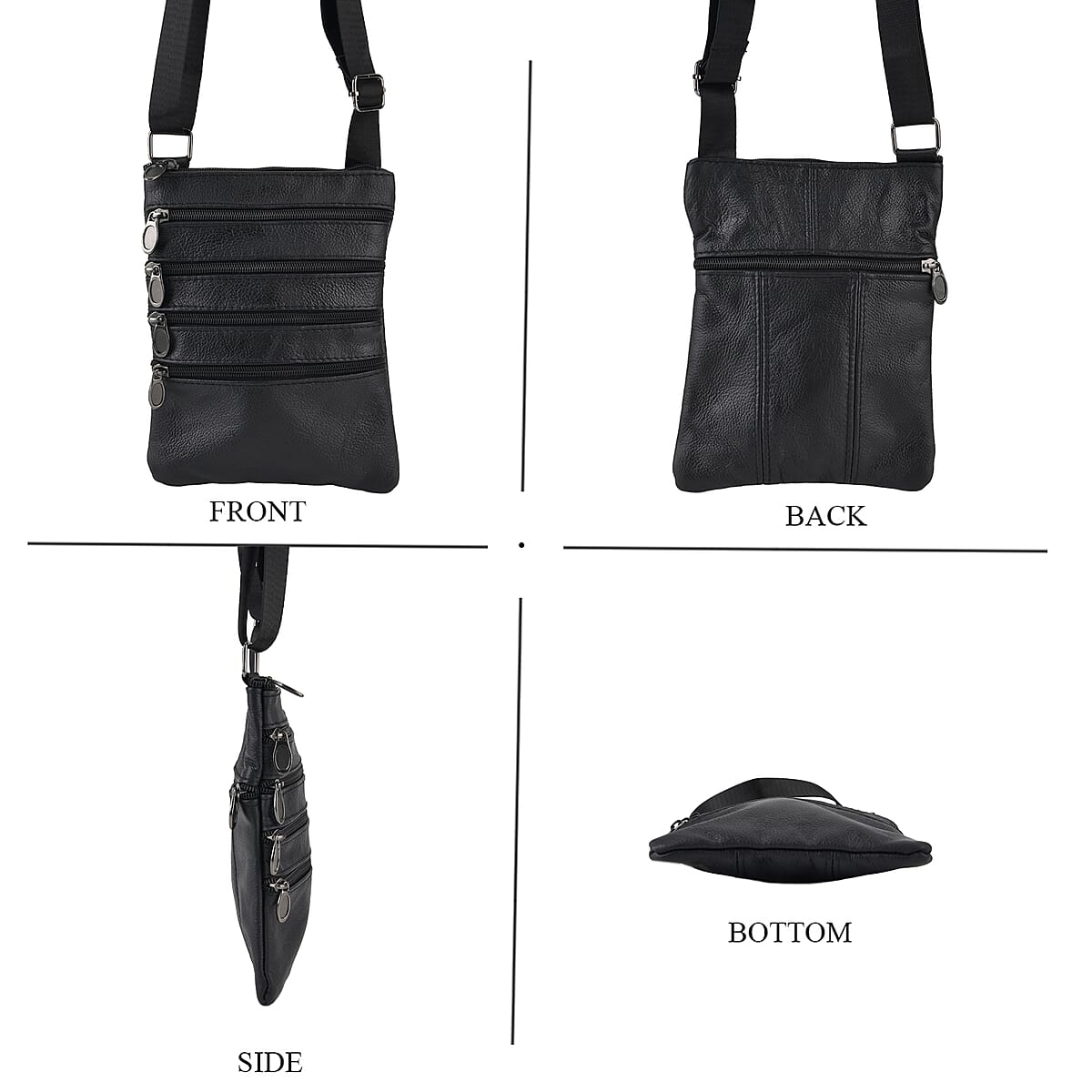 La Marey Black 4 Zippers Cowhide Leather Bag with Long Strap image number 1