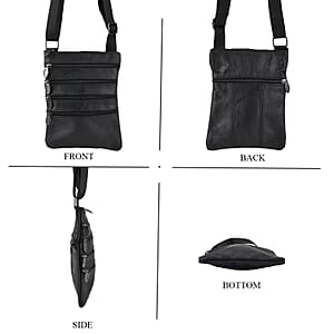 La Marey Black 4 Zippers Cowhide Leather Bag with Long Strap