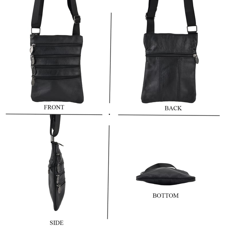 La Marey Black 4 Zippers Cowhide Leather Bag with Long Strap