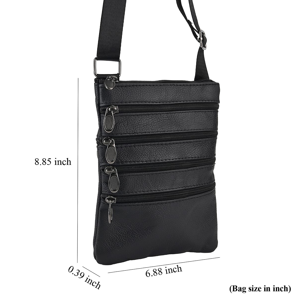 La Marey Black 4 Zippers Cowhide Leather Bag with Long Strap image number 4