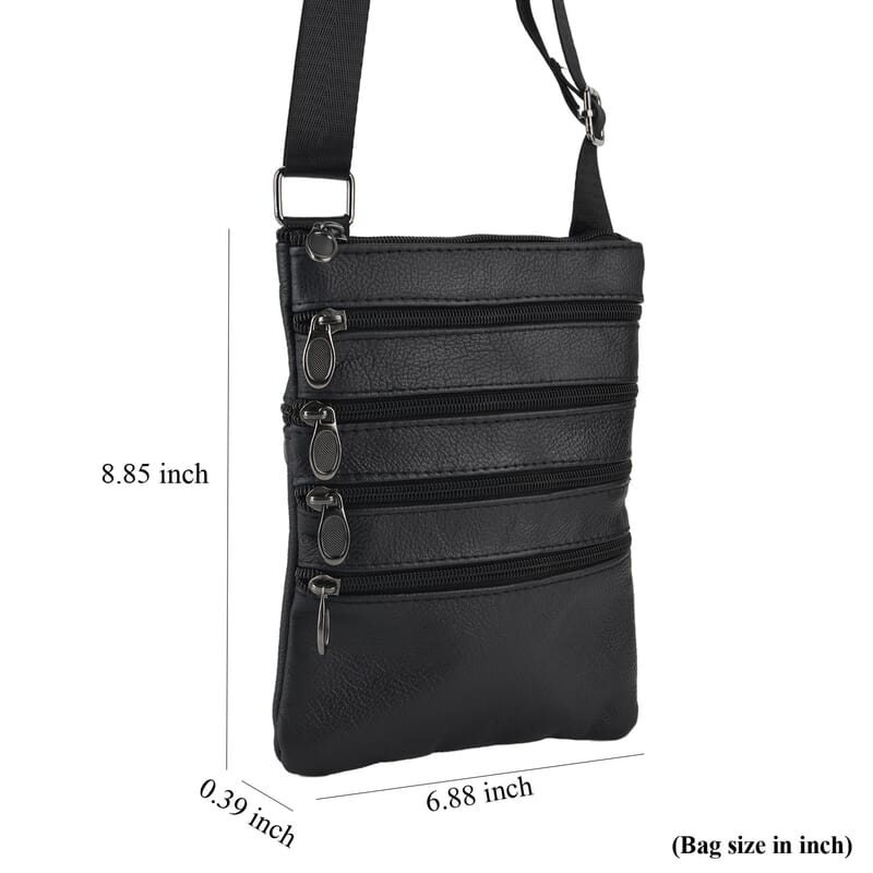 La Marey Black 4 Zippers Cowhide Leather Bag with Long Strap