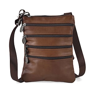 La Marey Brown 4 Zippers Cowhide Leather Bag with Long Strap