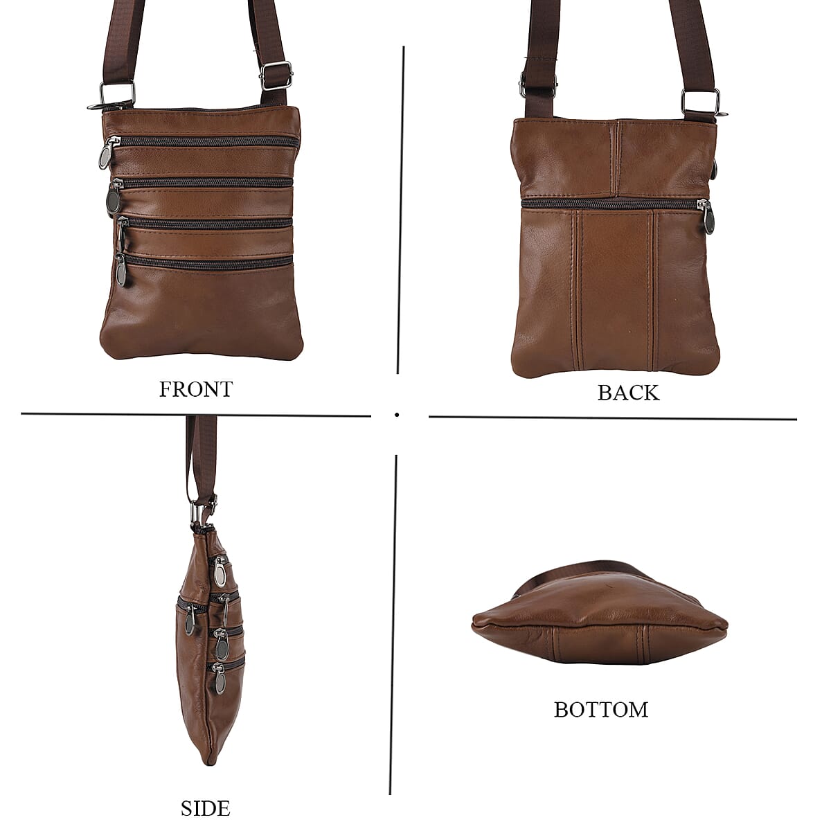 La Marey Brown 4 Zippers Cowhide Leather Bag with Long Strap image number 1