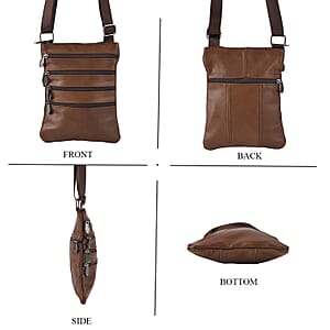 La Marey Brown 4 Zippers Cowhide Leather Bag with Long Strap