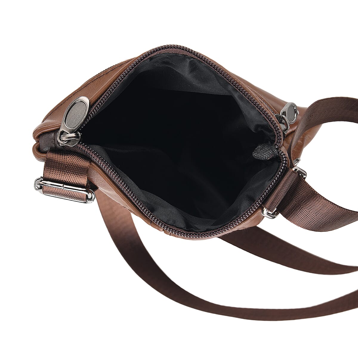 La Marey Brown 4 Zippers Cowhide Leather Bag with Long Strap image number 2