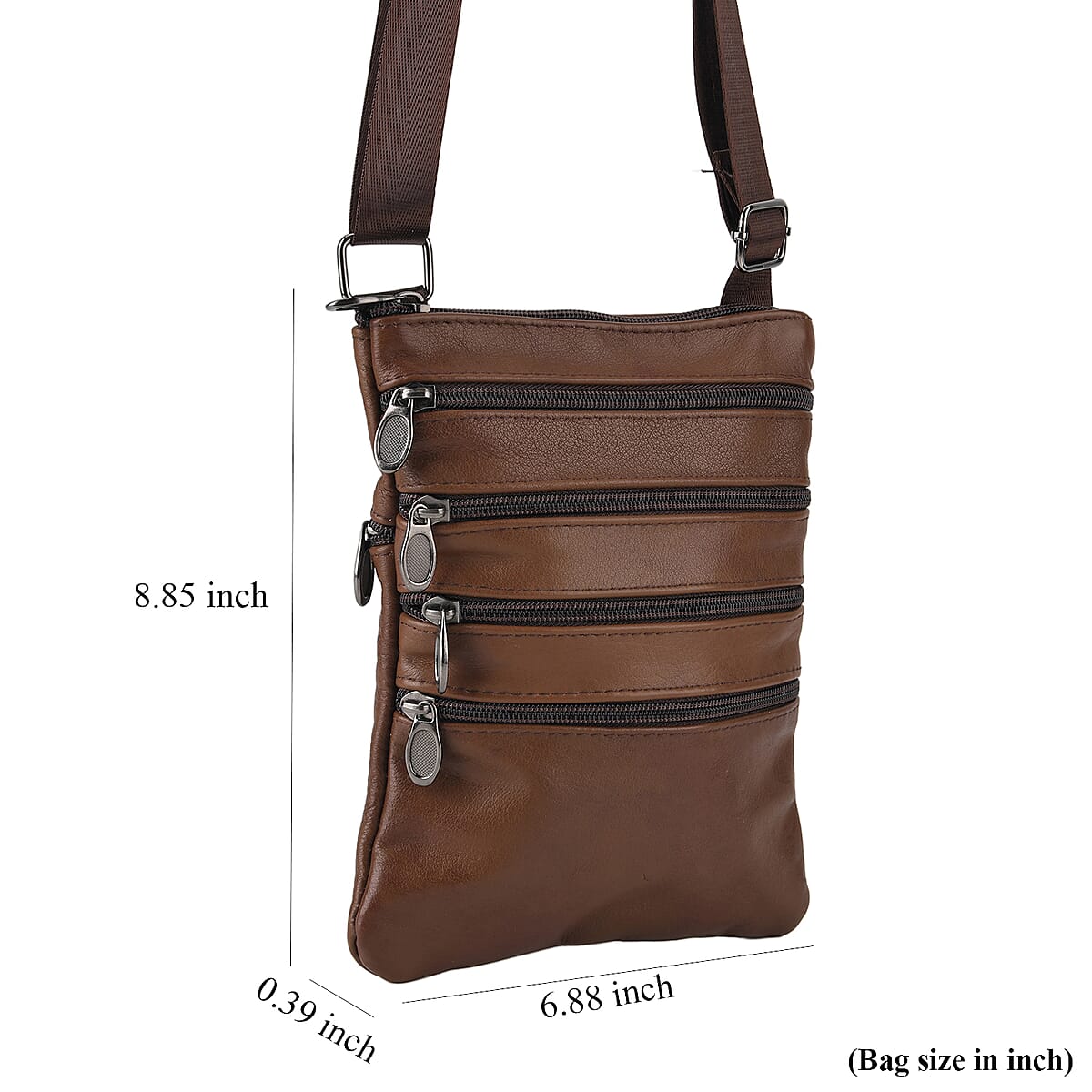 La Marey Brown 4 Zippers Cowhide Leather Bag with Long Strap image number 4