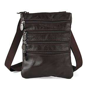 La Marey Coffee 4 Zippers Cowhide Leather Bag with Long Strap