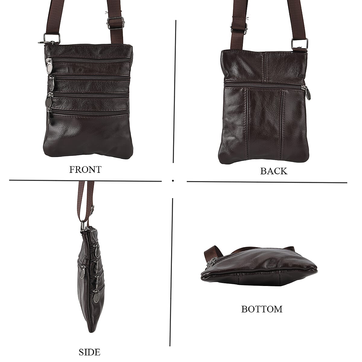 La Marey Coffee 4 Zippers Cowhide Leather Bag with Long Strap image number 1