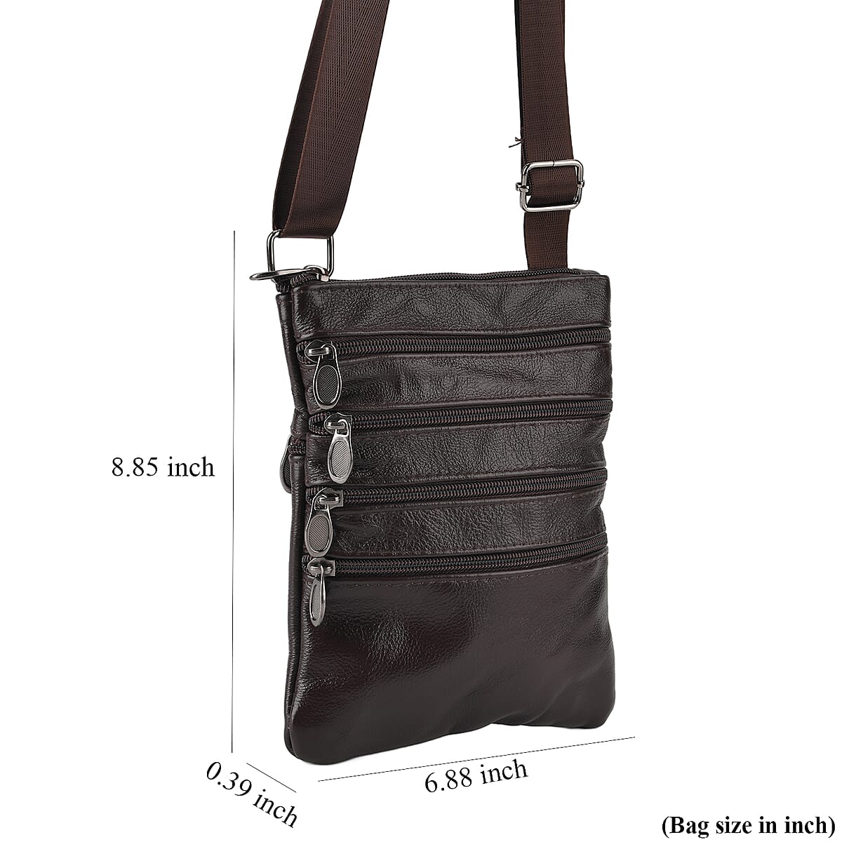 La Marey Coffee 4 Zippers Cowhide Leather Bag with Long Strap image number 4