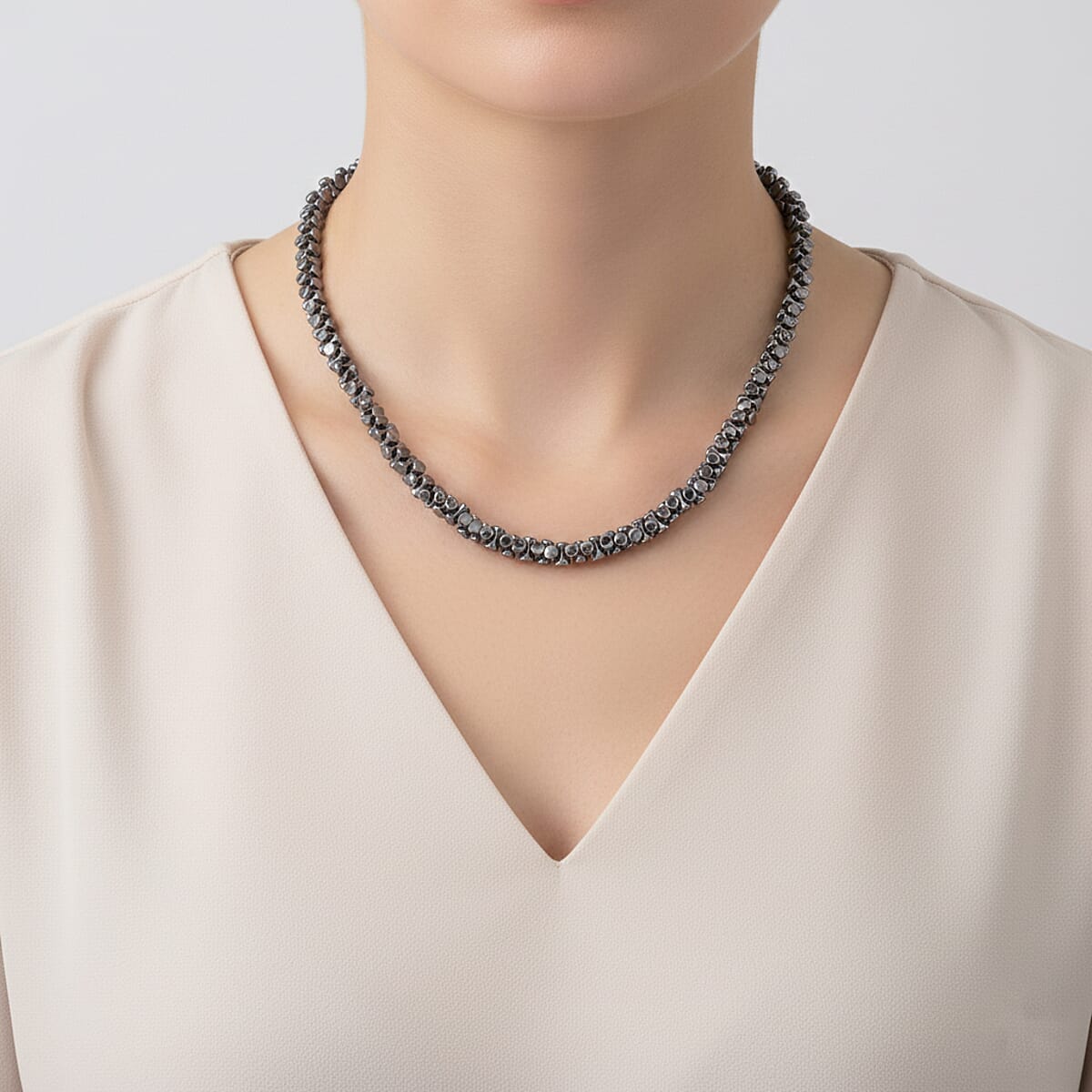 Bone Shape Terahertz 200.00 ctw Beaded Necklace in Stainless Steel 18-20 Inches image number 2