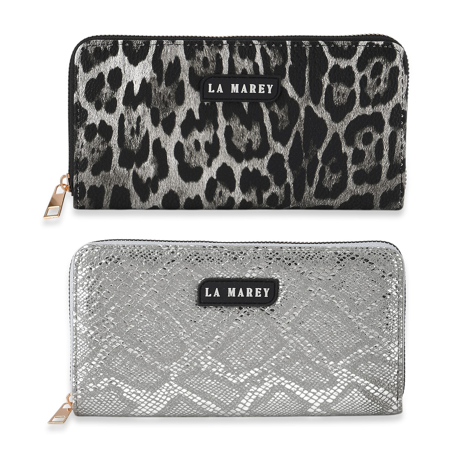 La Marey Black Faux Leather Leopard and Silver Crocodile Print Set of 2 Wallet