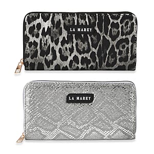  La Marey Black Faux Leather Leopard and Silver Crocodile Print Set of 2 Wallet