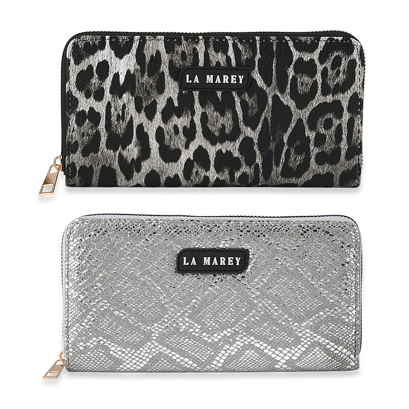 La Marey Black Faux Leather Leopard and Silver Crocodile Print Set of 2 Wallet