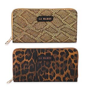  La Marey Brown Faux Leather Leopard and Crocodile Print Set of 2 Wallet