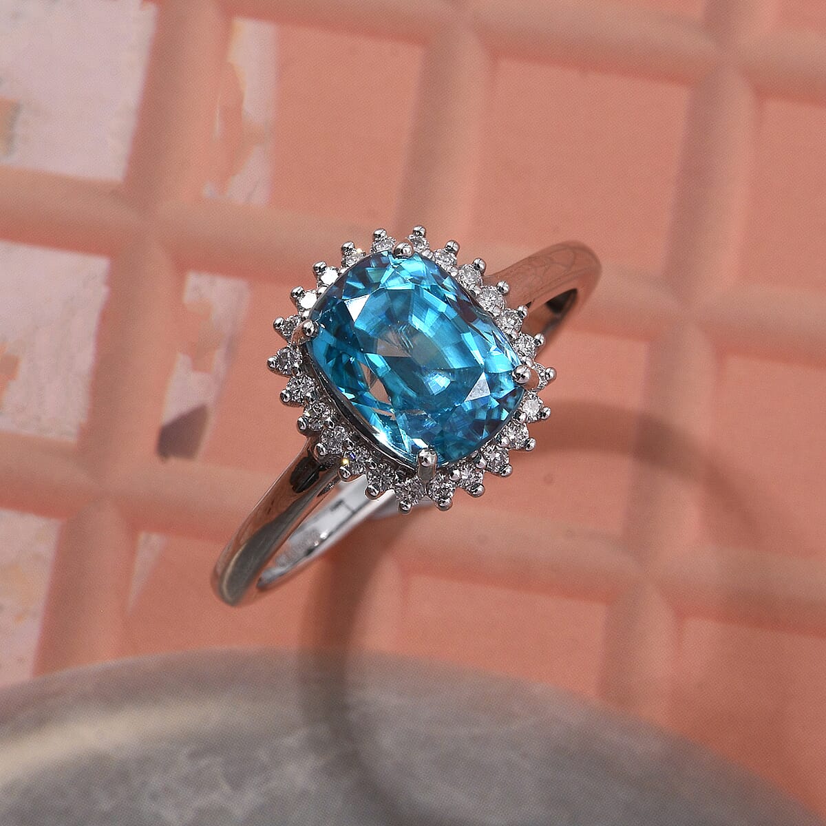 AAA Cambodian Blue Zircon and Luxuriant Lab Grown Diamond E-F VS 5.10 ctw Aura Ring in 10K White Gold (Size 6.0) image number 1