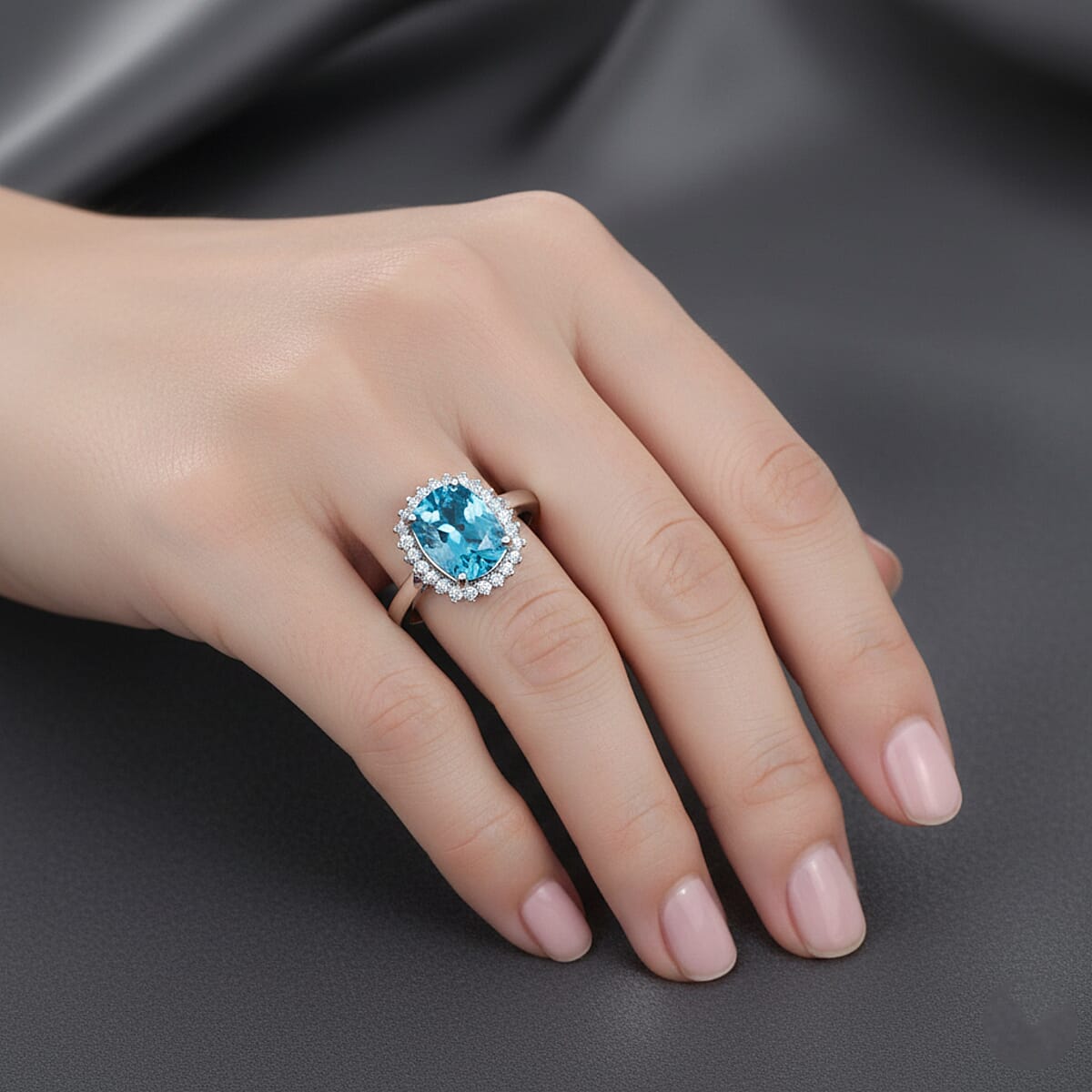 AAA Cambodian Blue Zircon and Luxuriant Lab Grown Diamond E-F VS 5.10 ctw Aura Ring in 10K White Gold (Size 9.0) image number 2