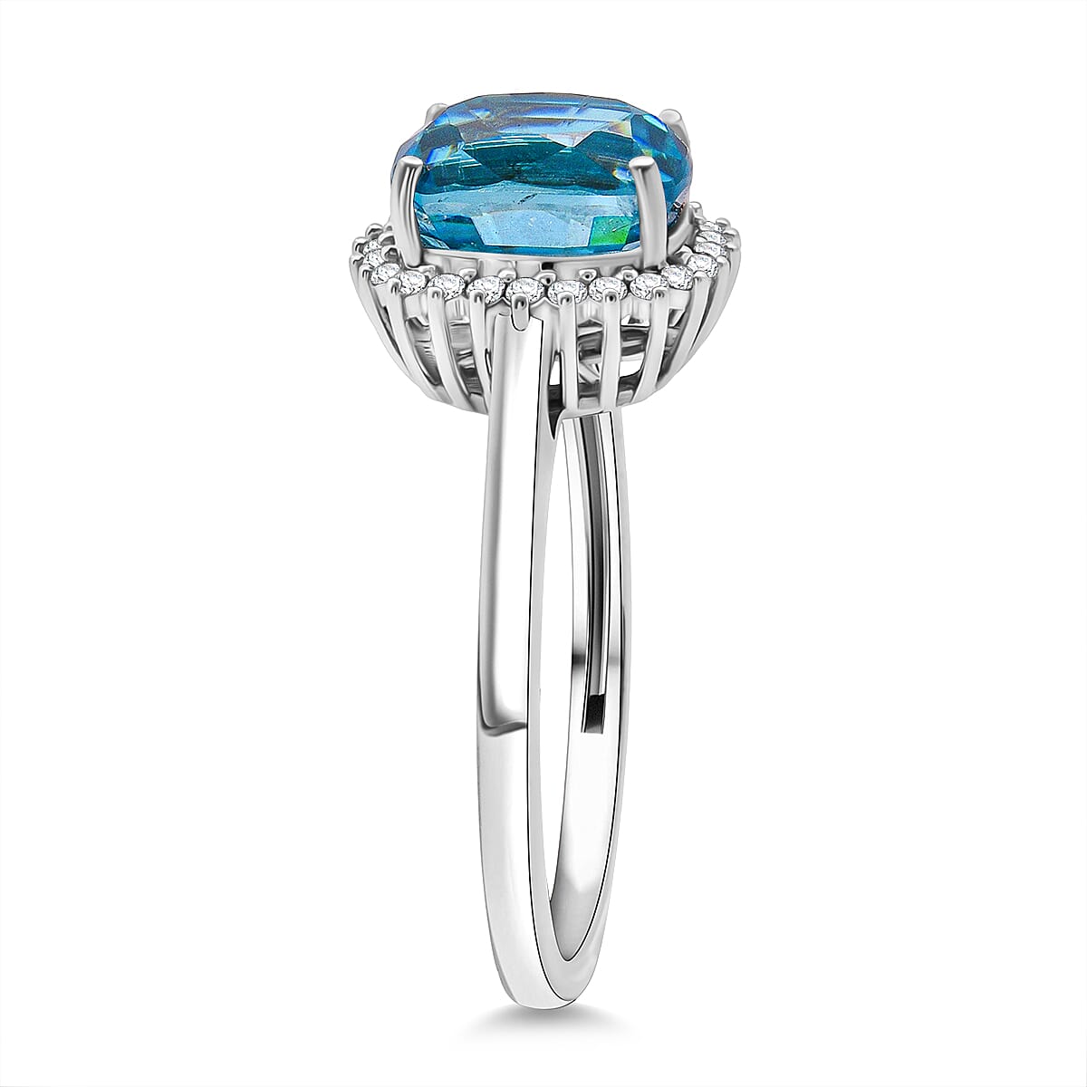 AAA Cambodian Blue Zircon and Luxuriant Lab Grown Diamond E-F VS 5.10 ctw Aura Ring in 10K White Gold (Size 9.0) image number 3