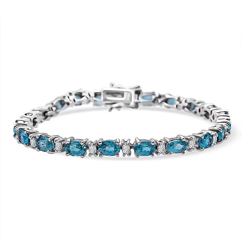 D'Joy Premium Cambodian Blue Zircon and Moissanite 19.10 ctw Ocean Glow Bracelet in Rhodium Over Sterling Silve (6.50 In)