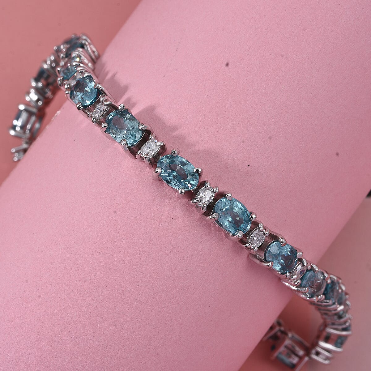 D'Joy Premium Cambodian Blue Zircon and Moissanite 19.10 ctw Ocean Glow Bracelet in Rhodium Over Sterling Silve (6.50 In) (Del. in 10-12 Days)  image number 1