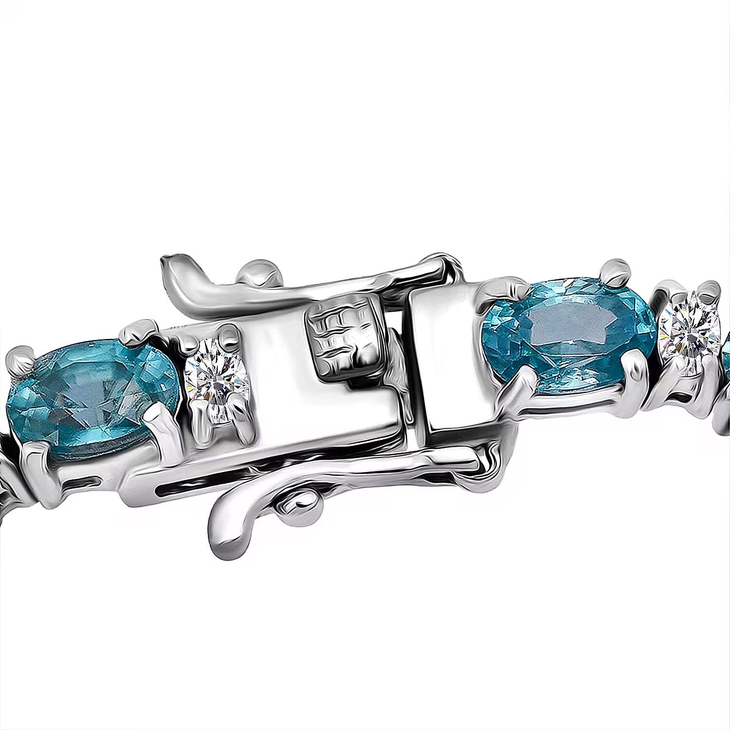 D'Joy Premium Cambodian Blue Zircon and Moissanite 19.10 ctw Ocean Glow Bracelet in Rhodium Over Sterling Silve (6.50 In)