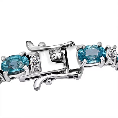 D'Joy Premium Cambodian Blue Zircon and Moissanite 19.10 ctw Ocean Glow Bracelet in Rhodium Over Sterling Silve (6.50 In)