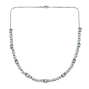 D'Joy Premium Cambodian Blue Zircon and Moissanite 17.40 ctw Necklace in Rhodium Over Sterling Silver 18 Inches