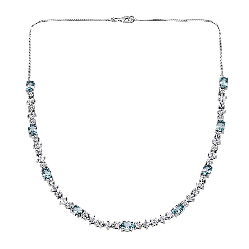 D'Joy Cambodian Blue Zircon, Moissanite Necklace in Rhodium Over Sterling Silver 17.40 ctw  (18 Inches)