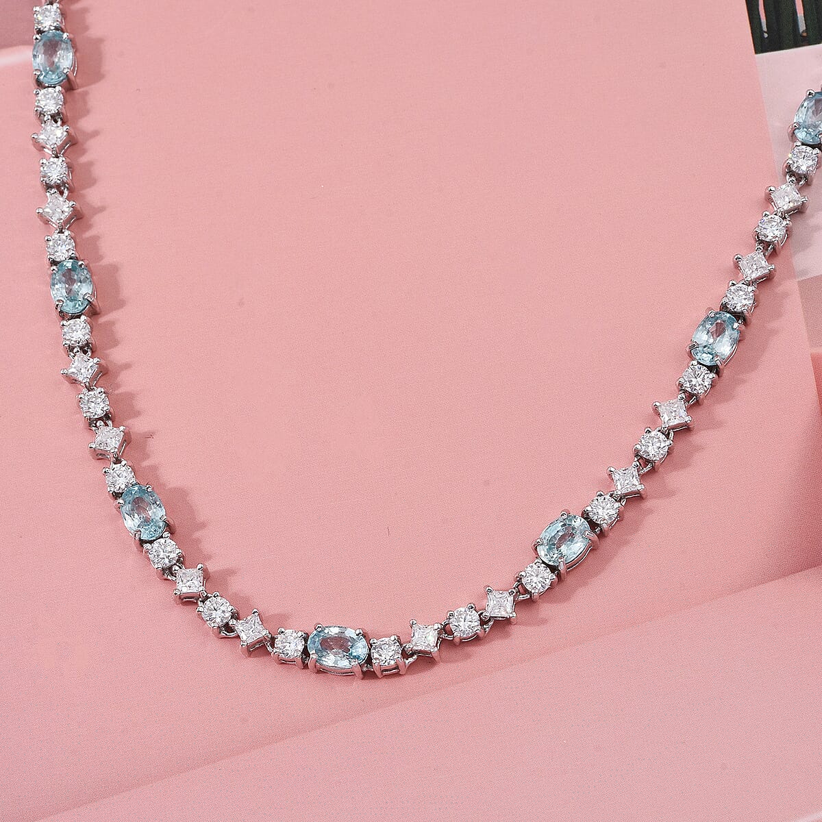 D'Joy Premium Cambodian Blue Zircon and Moissanite 17.40 ctw Ocean Glow Necklace in Rhodium Over Sterling Silver 18 Inches image number 1