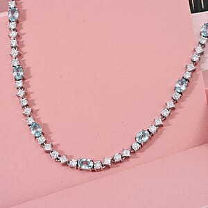 D'Joy Cambodian Blue Zircon, Moissanite Necklace in Rhodium Over Sterling Silver 17.40 ctw  (18 Inches)