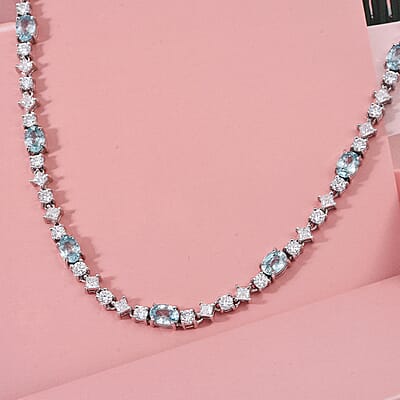 D'Joy Cambodian Blue Zircon, Moissanite Necklace in Rhodium Over Sterling Silver 17.40 ctw  (18 Inches)