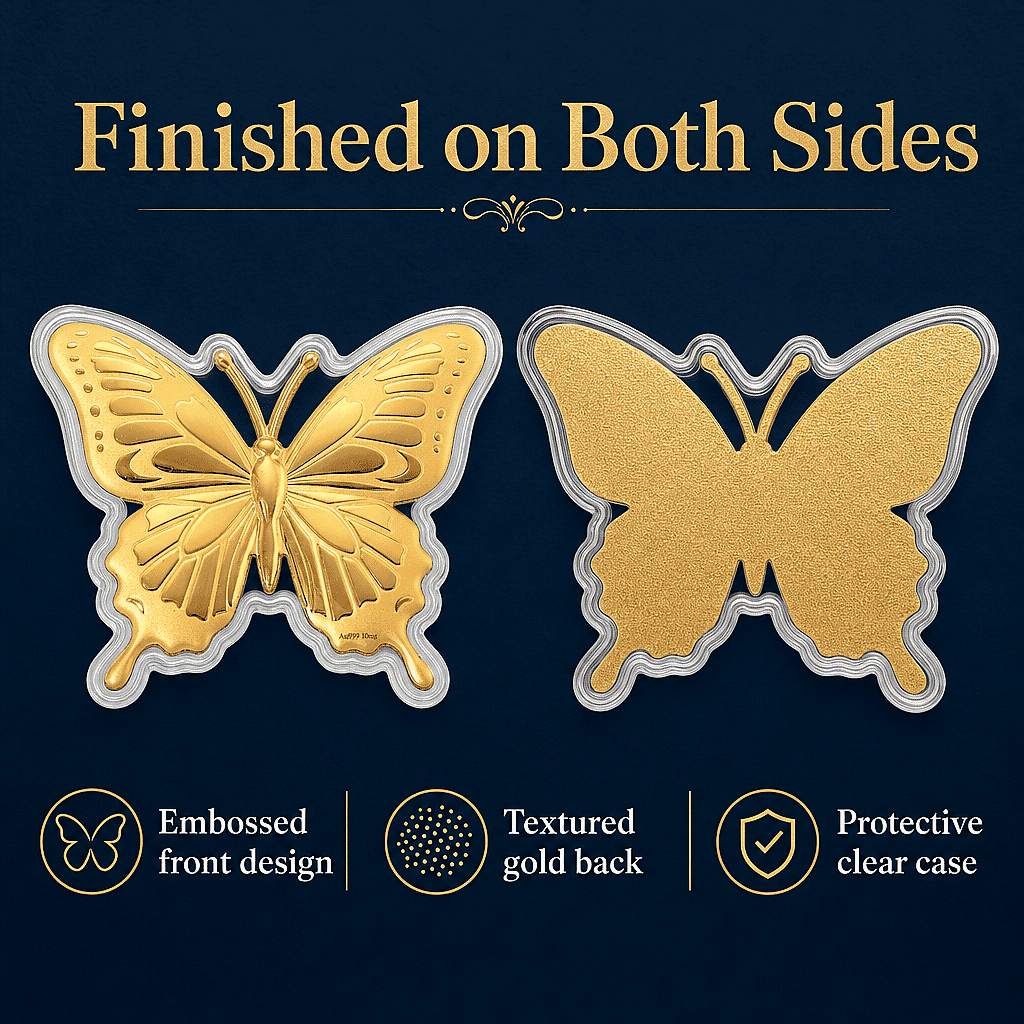 24K Gold Butterfly - A Symbol of Hope & New Beginnings Embossed sheet with Book Packaging 72x85mm (10mg)