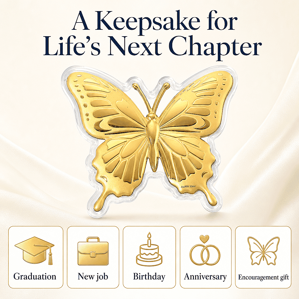 24K Gold Butterfly - A Symbol of Hope & New Beginnings Embossed sheet with Book Packaging 72x85mm (10mg)