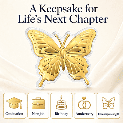 24K Gold Butterfly - A Symbol of Hope & New Beginnings Embossed sheet with Book Packaging 72x85mm (10mg)