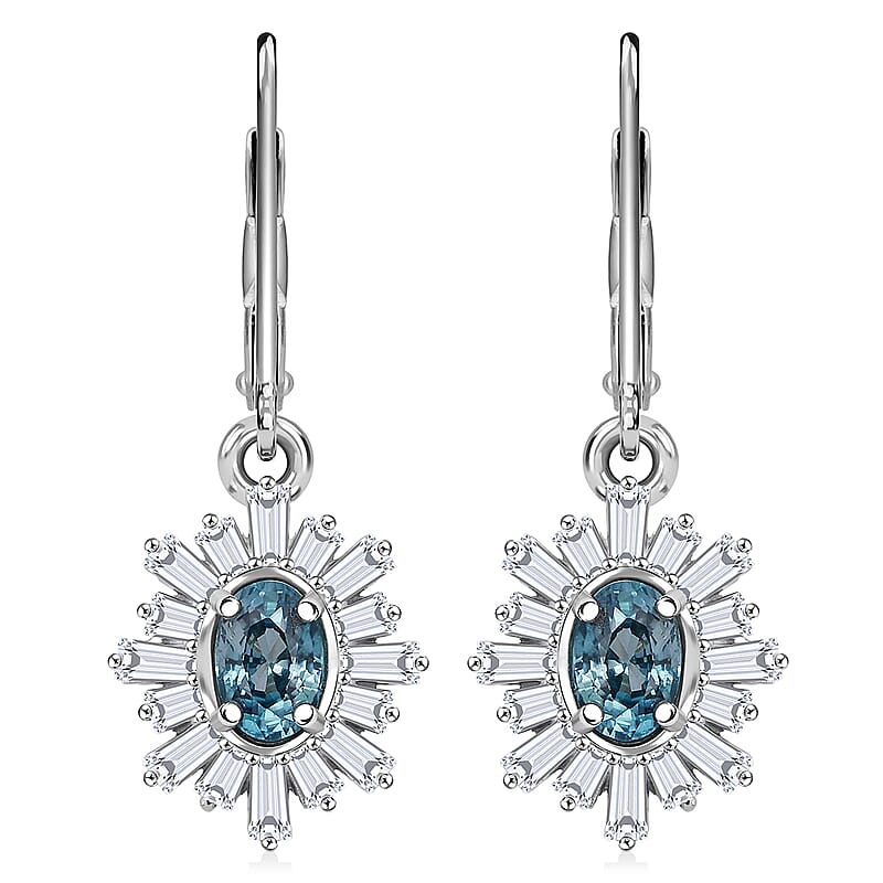D'Joy Cambodian Blue Zircon, Moissanite Earrings in Rhodium Over Sterling Silver 2.60 ctw