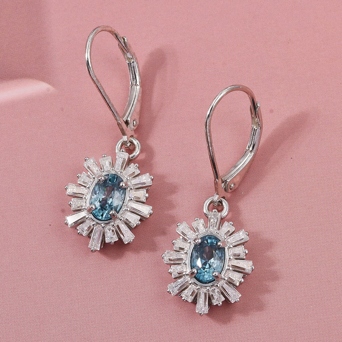 D'Joy Premium Cambodian Blue Zircon and Moissanite 2.60 ctw Azure Flare Earrings in Rhodium Over Sterling Silver image number 1