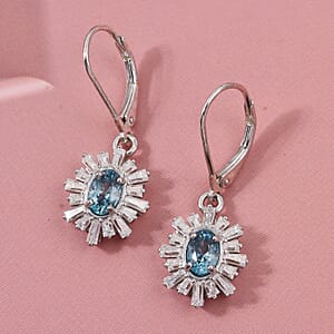 D'Joy Cambodian Blue Zircon, Moissanite Earrings in Rhodium Over Sterling Silver 2.60 ctw