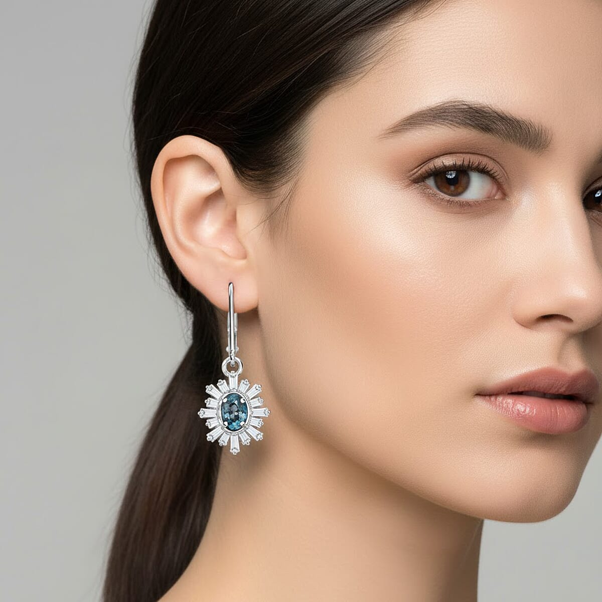 D'Joy Premium Cambodian Blue Zircon and Moissanite 2.60 ctw Azure Flare Earrings in Rhodium Over Sterling Silver image number 2